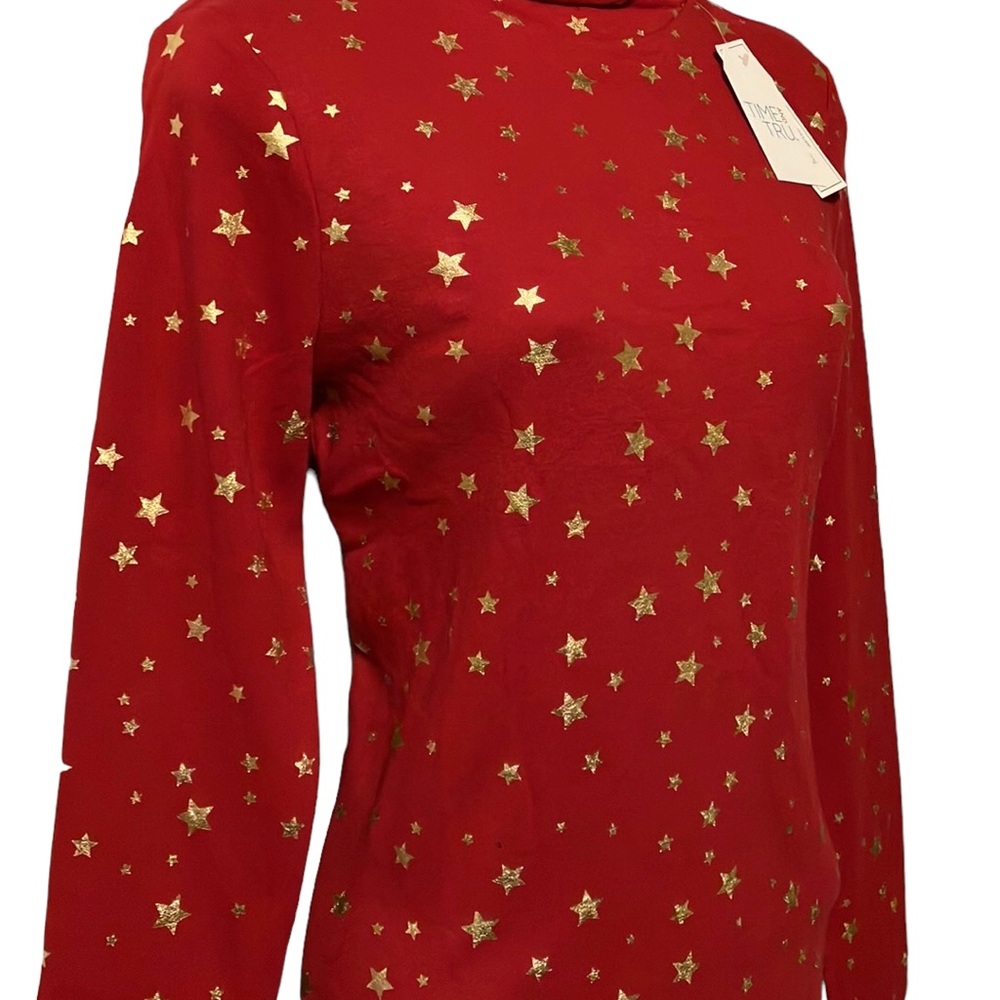 NWT Time and Tru red long sleeve turtleneck with gold foil stars